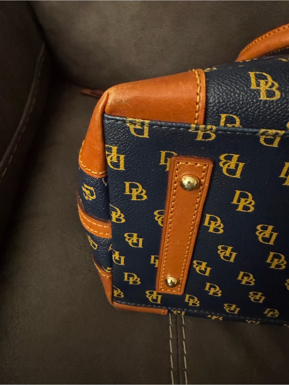 Dooney & Bourke Navy Logo Dome Satchel with Brown Trim - Picture 14 of 16